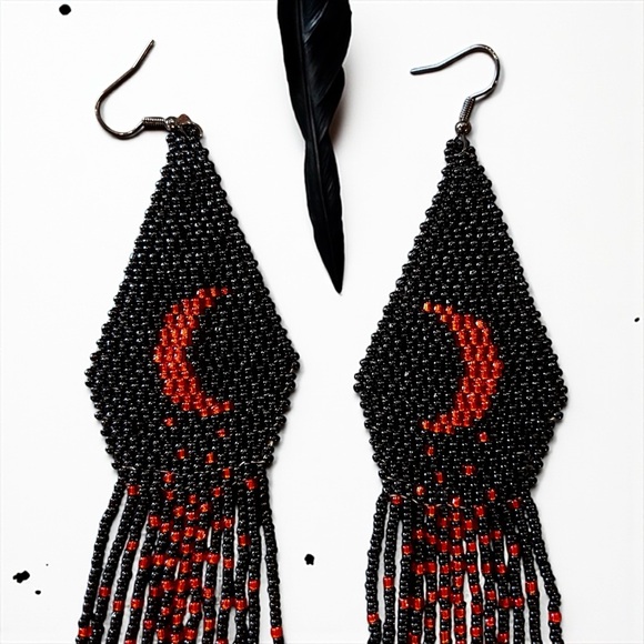 Hand Beaded Black/Red Extra Long Boho Crescent Moon Earrings - Picture 3 of 16